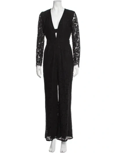 Pre-owned Diane Von Furstenberg Lace Pattern Plunge Neckline Jumpsuit In Black