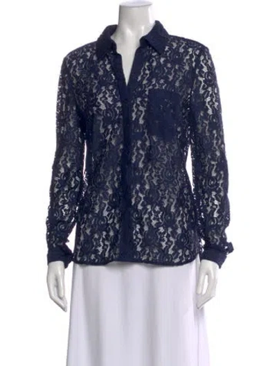 Pre-owned Diane Von Furstenberg Lace Pattern V-neck Blouse In Blue
