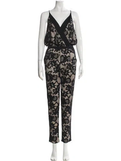 Pre-owned Diane Von Furstenberg Lace Pattern V-neck Jumpsuit In Black