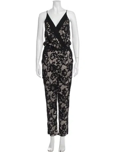 Pre-owned Diane Von Furstenberg Lace Pattern V-neck Jumpsuit In Black
