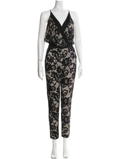 Pre-owned Diane Von Furstenberg Lace Pattern V-neck Jumpsuit In Black