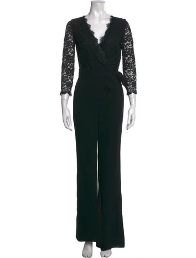 Pre-owned Diane Von Furstenberg Lace Pattern V-neck Jumpsuit In Black
