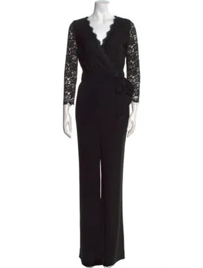 Pre-owned Diane Von Furstenberg Lace Pattern V-neck Jumpsuit In Black