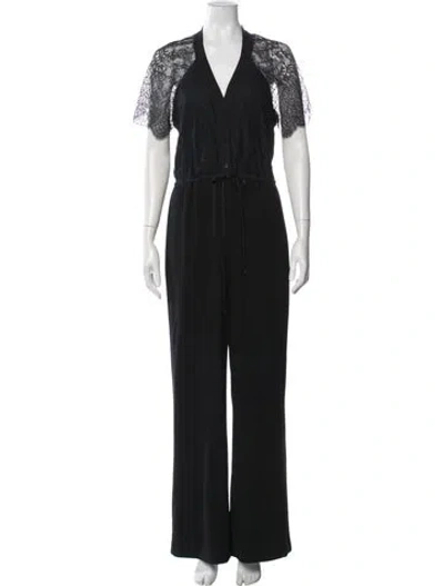 Pre-owned Diane Von Furstenberg Lace Pattern V-neck Jumpsuit In Black