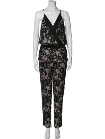 Pre-owned Diane Von Furstenberg Lace Pattern V-neck Jumpsuit In Neutrals