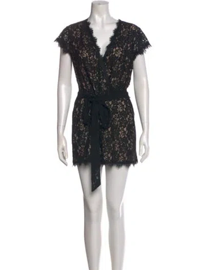 Pre-owned Diane Von Furstenberg Lace Pattern V-neck Romper In Black