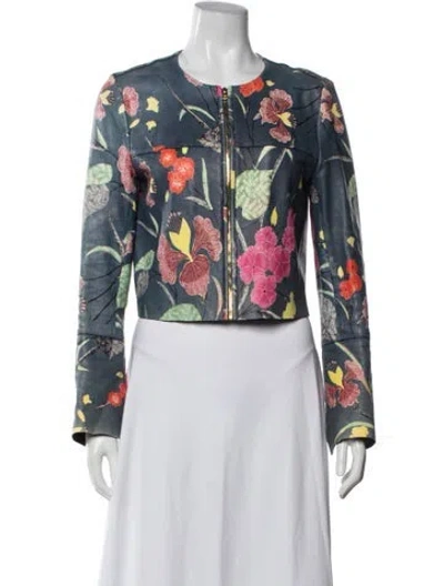 Pre-owned Diane Von Furstenberg Lamb Leather Floral Print Jacket In Blue