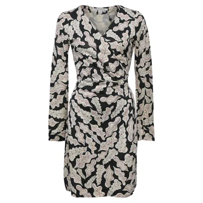 Diane Von Furstenberg Leaf Print Wrap Dress In Black Silk In Grey