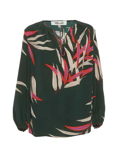 Pre-owned Diane Von Furstenberg Leaf-print Silk Blouse In Green