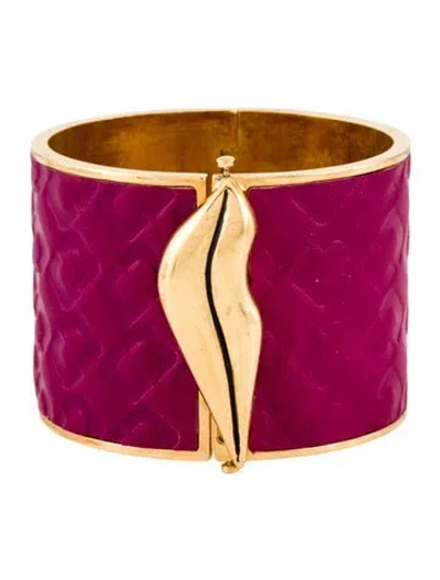Pre-owned Diane Von Furstenberg Leather Embossed Frankie Wide Hinged Bangle Bracelet, 7" In Pink