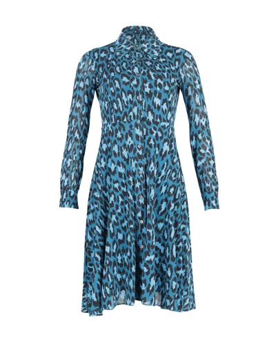 Pre-owned Diane Von Furstenberg Leopard Print Button Down Dress In Teal Viscose In Blue