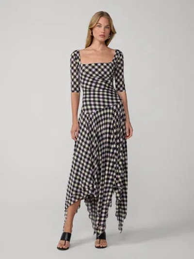 Diane Von Furstenberg Leslie Gingham Handkerchief Hem Midi Dress In Black