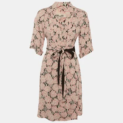 Pre-owned Diane Von Furstenberg Light Orange Printed Crepe Wrap Mini Dress S