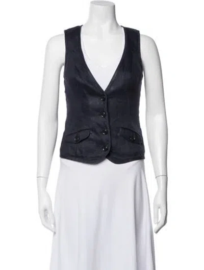 Pre-owned Diane Von Furstenberg Linen V-neck Button-up Top In Blue
