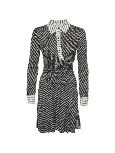 Pre-owned Diane Von Furstenberg Logo-print Wrap Midi Dress In Black