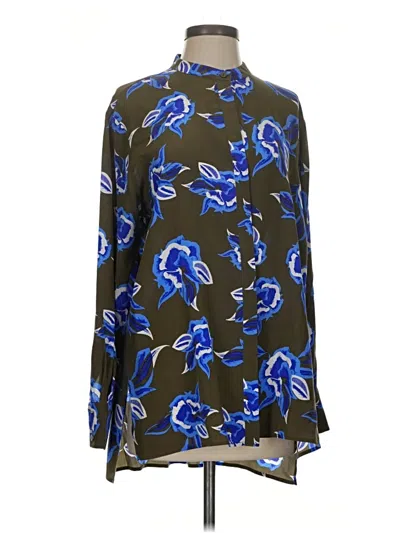 Pre-owned Diane Von Furstenberg Long Sleeve Silk Top Blue Print Pattern High Neck Tops