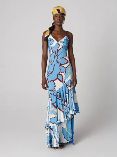 Diane Von Furstenberg Luisa Floral Ruffle Hem Silk Blend Slipdress In Blue