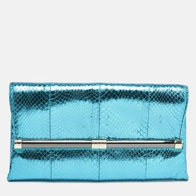 Pre-owned Diane Von Furstenberg Metallic Blue Foil Snakeskin Envelop Clutch