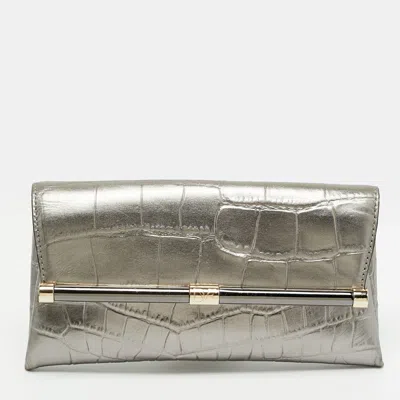 Pre-owned Diane Von Furstenberg Metallic Croc Embossed Leather Clutch In Silver