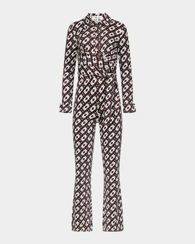 Diane Von Furstenberg Michele Flared Geometric-print Jumpsuit In Cane Link Brown