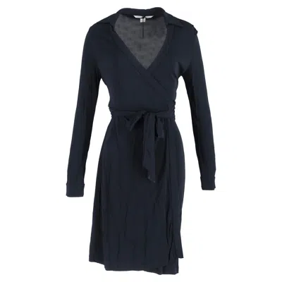 Diane Von Furstenberg Mini Long Sleeve Wrap Dress In Navy Blue Rayon