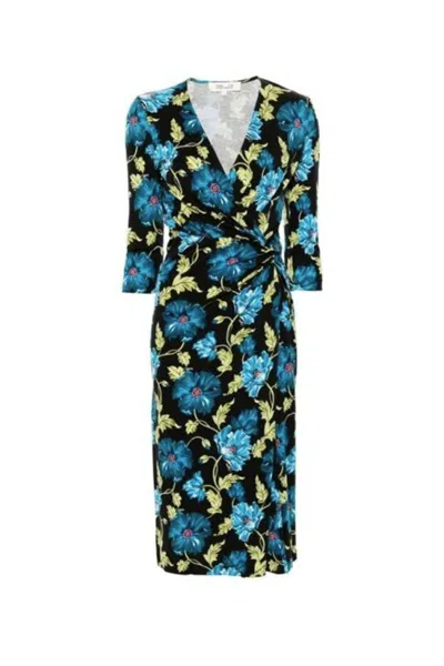 Diane Von Furstenberg Multicolor Floral Wrap Midi Dress With Elegant V-neckline In Black