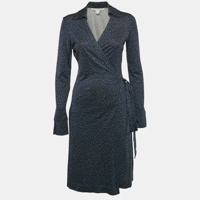 Pre-owned Diane Von Furstenberg Navy Blue Animal Print Silk Jersey Cybil Wrap Dress M
