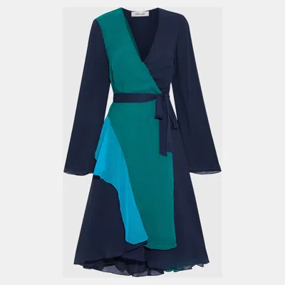 Pre-owned Diane Von Furstenberg Navy Blue Crepe Halia Wrap Dress L (us 10)