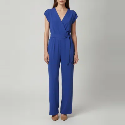 Pre-owned Diane Von Furstenberg Navy Blue Crepe V- Neck Belted Jumpsuit M