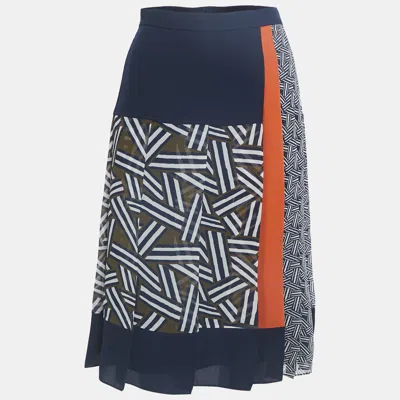 Pre-owned Diane Von Furstenberg Navy Blue Printed Crepe Pleated Midi Skirt Xl