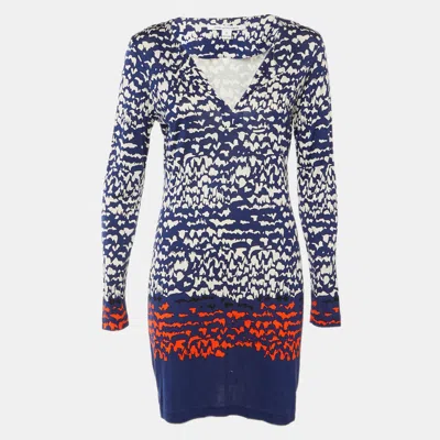 Pre-owned Diane Von Furstenberg Navy Blue Printed Silk Reina Fitted Dress L