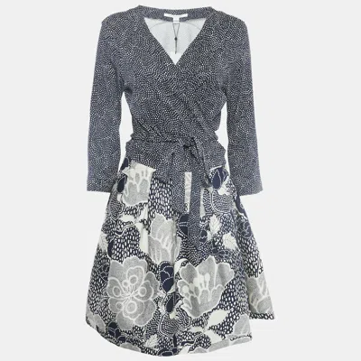 Pre-owned Diane Von Furstenberg Navy Blue Wool Blend And Knit Dream Dot Mid Jewel Wrap Dress Xl