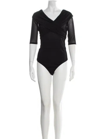 Pre-owned Diane Von Furstenberg Nylon V-neck Bodysuit In Black