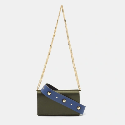 Pre-owned Diane Von Furstenberg Olive Green Satin And Leather Flap Chain Bag