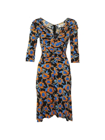 Pre-owned Diane Von Furstenberg Oracle Rose-print Ruched Midi Dress In Black