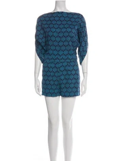 Pre-owned Diane Von Furstenberg Patterned Bateau Neckline Romper In Green