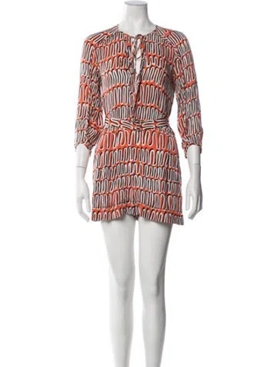 Pre-owned Diane Von Furstenberg Patterned Tie Neck Jumpsuit In White