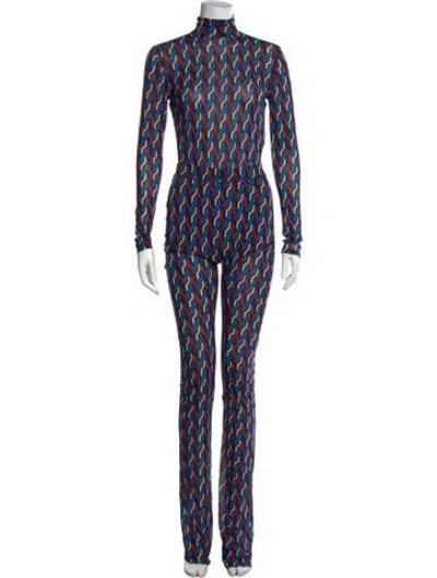 Pre-owned Diane Von Furstenberg Patterned Turtleneck Jumpsuit In Blue