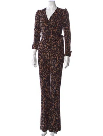 Pre-owned Diane Von Furstenberg Patterned V-neck Jumpsuit W/ Tags In Brown
