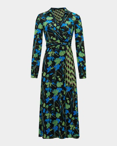 Diane Von Furstenberg Phoenix Reversible Midi Wrap Dress In Final Act Flr M/bird Weave Gn