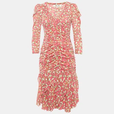 Pre-owned Diane Von Furstenberg Pink Printed Mesh Ruched Dress M