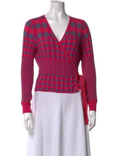 Pre-owned Diane Von Furstenberg Plaid Print V-neck Sweater In Pink