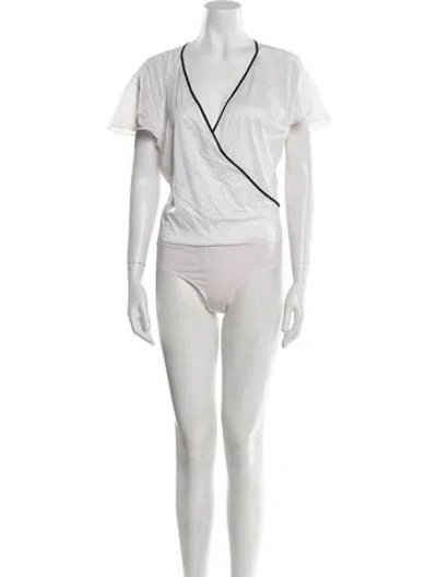 Pre-owned Diane Von Furstenberg Plunge Neckline Short Sleeve Bodysuit In White
