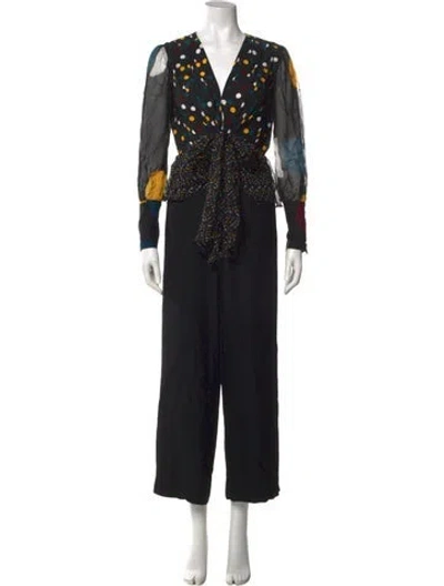 Pre-owned Diane Von Furstenberg Polka Dot Print V-neck Jumpsuit In Black