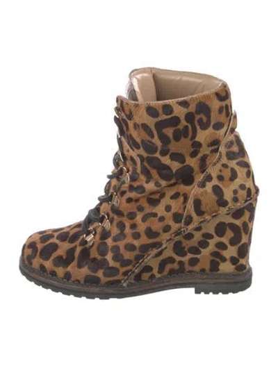 Pre-owned Diane Von Furstenberg Ponyhair Animal Print Lace-up Boots In Brown