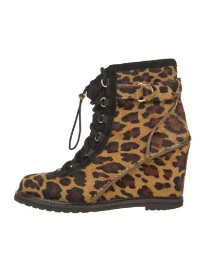 Pre-owned Diane Von Furstenberg Ponyhair Animal Print Lace-up Boots In Brown