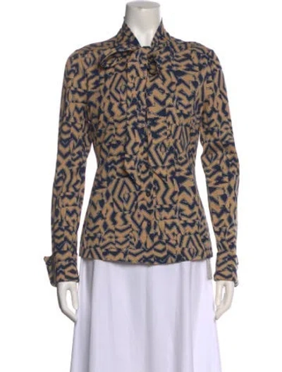 Pre-owned Diane Von Furstenberg Printed Long Sleeve Button-up Top W/ Tags In Blue