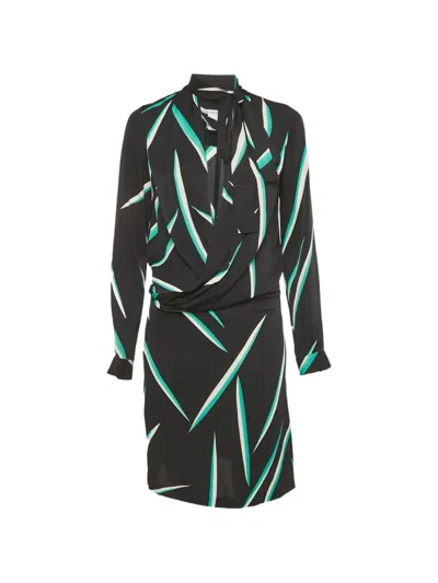 Pre-owned Diane Von Furstenberg Printed Long-sleeve Mini Dress In Black