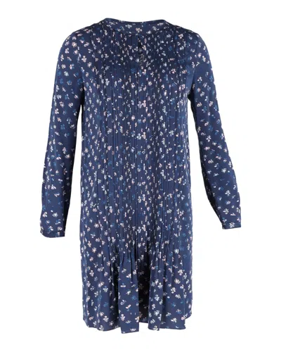 Diane Von Furstenberg Printed Pleated Long-sleeve Dress In Navy Blue Silk