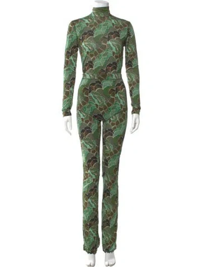 Pre-owned Diane Von Furstenberg Printed Turtleneck Jumpsuit In Green